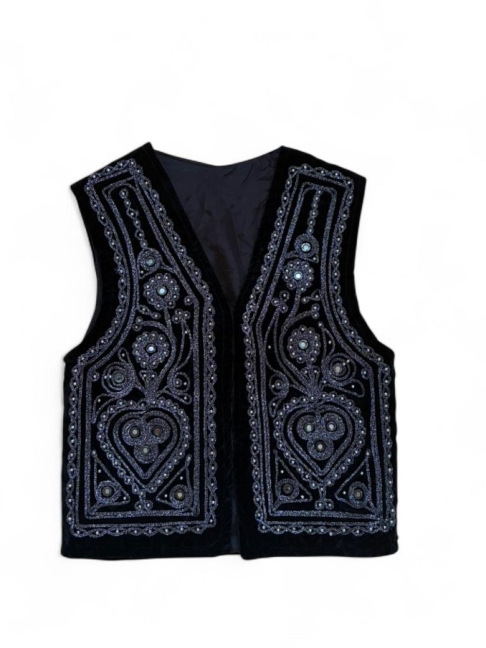 Vintage Black velvet vest with silver beading and embroidery